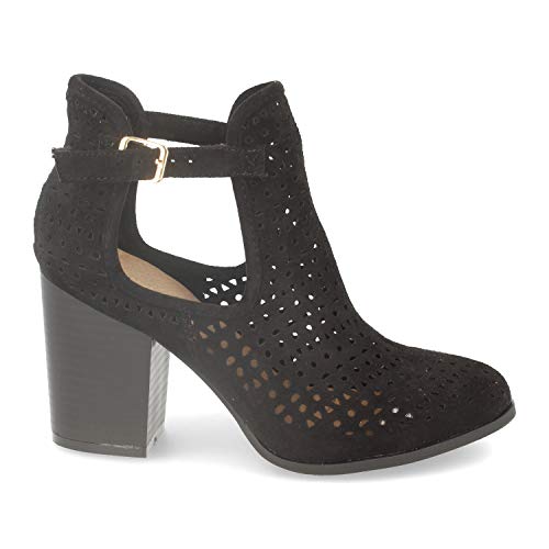 Botin Tobillero de Mujer con Tacon, Exterior Calado, Apertura Lateral y Hebilla. Botines Abiertos de Estilo Casual Ideales para Primavera-Verano. Talla 38 Negro