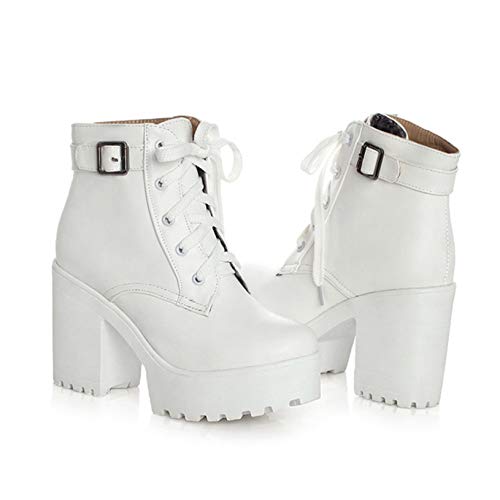 Botines con Plataforma para Mujer, Botas Cortas de tacón Cuadrado con Hebilla Vintage, Moda de Cuero PU, Punta Redonda con Cordones, Tacones Altos de Gran tamaño