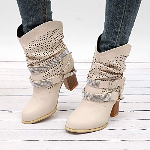 Botines De Altos Tacón Mujer Otoño Vintage Botines de Cuero Hebilla Zapatos de Mujer Botas Cómodas Tacón Grueso Bota Corta Gris Beige 35-43 riou