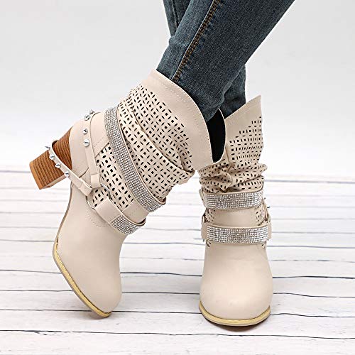 Botines De Altos Tacón Mujer Otoño Vintage Botines de Cuero Hebilla Zapatos de Mujer Botas Cómodas Tacón Grueso Bota Corta Gris Beige 35-43 riou
