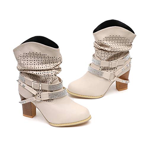 Botines De Altos Tacón Mujer Otoño Vintage Botines de Cuero Hebilla Zapatos de Mujer Botas Cómodas Tacón Grueso Bota Corta Gris Beige 35-43 riou