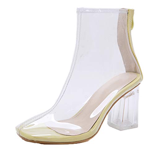 Botines de Mujer otoño PVC Transparente Punta Redonda Tacones Altos Moda Cremallera Vestido de Fiesta Elegantes Zapatos de tacón de Cristal Grueso