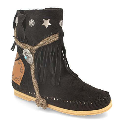 Botines de Mujer Planos con Flecos, Adorno de Cordon en la Cana y Remaches metalicos. Botin Estilo Indio. Primavera Verano 2020. Talla 35 Negro