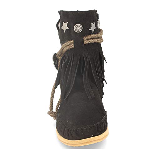 Botines de Mujer Planos con Flecos, Adorno de Cordon en la Cana y Remaches metalicos. Botin Estilo Indio. Primavera Verano 2020. Talla 35 Negro