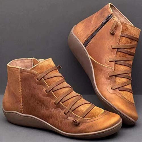 Botines de Mujer Vintage Mocasines de Cuero de PU Primavera Otoño Cruz Punk Strappy Boots Zapatos Planos de Mujer Botas de Tubo Corto de Punta Redonda