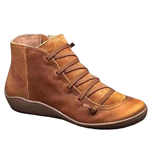 Botines de Mujer Vintage Mocasines de Cuero de PU Primavera Otoño Cruz Punk Strappy Boots Zapatos Planos de Mujer Botas de Tubo Corto de Punta Redonda