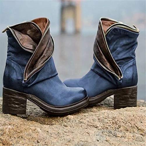 Botines De Tacón Grueso con Cremallera Lateral Punta Redonda para Mujeres Botines Cremallera Trasera Talón De Bloque Punta Redonda para Mujeres