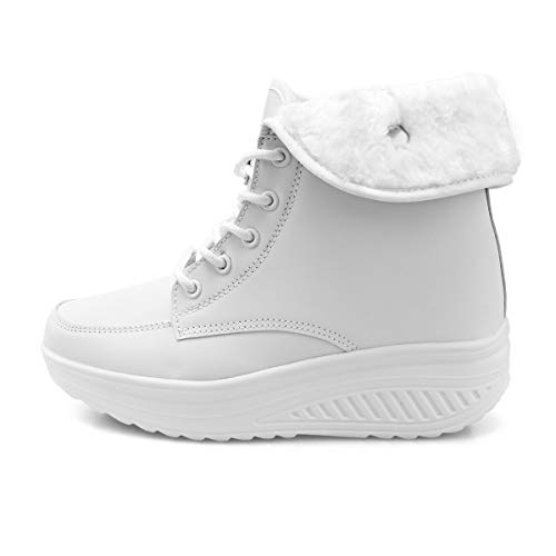 Botines Invierno Mujer Botas de Mujer Cordones Zapatos para Caminar Forrados de Piel Sintética（42 EU,Blanco