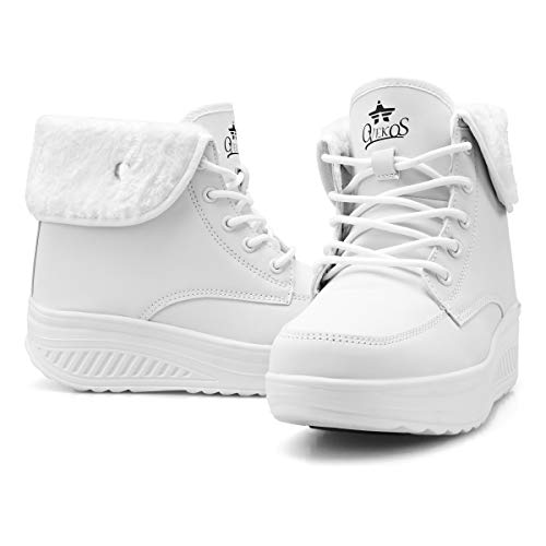 Botines Invierno Mujer Botas de Mujer Cordones Zapatos para Caminar Forrados de Piel Sintética（42 EU,Blanco