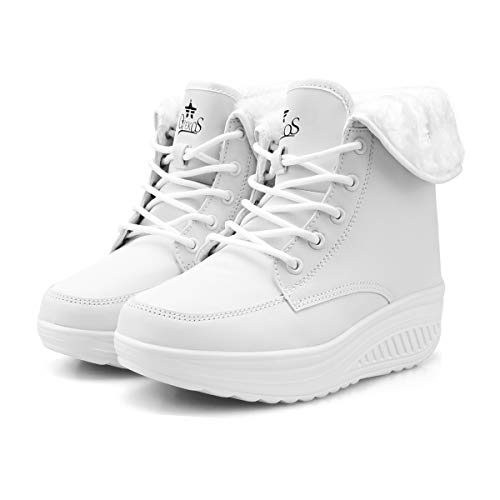 Botines Invierno Mujer Botas de Mujer Cordones Zapatos para Caminar Forrados de Piel Sintética（42 EU,Blanco