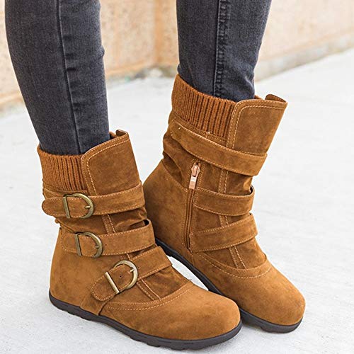 Botines Mujer Ante Cuero Zapatos de Plataforma Cremallera Lateral Hebilla Botas De Nieve Caliente Cómodas de Tacón Plano Otoño Bota Corta Rojo Marrón 35-43 riou