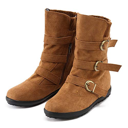 Botines Mujer Ante Cuero Zapatos de Plataforma Cremallera Lateral Hebilla Botas De Nieve Caliente Cómodas de Tacón Plano Otoño Bota Corta Rojo Marrón 35-43 riou