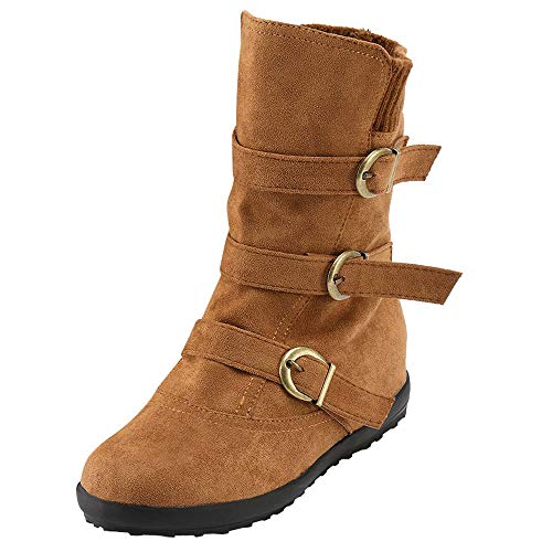 Botines Mujer Ante Cuero Zapatos de Plataforma Cremallera Lateral Hebilla Botas De Nieve Caliente Cómodas de Tacón Plano Otoño Bota Corta Rojo Marrón 35-43 riou