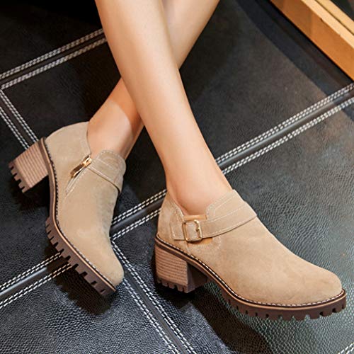 Botines Mujer Riou Cabeza Redonda Banda Elástica Botines de Tacón Medio Ante Vintage Otoño Zapatos Tacón Plano Cómodas Mujeres Botas Cortas Zapatillas Planas