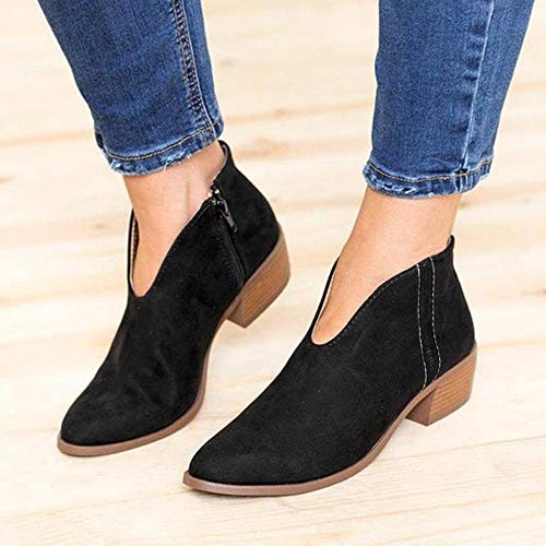 Botines Mujer Tacon Ancho Ante Cuero Tobillo Botas Piel Ankle Boots Retro con Cremallera Zapatos de Punta Redonda Moda Comodos Otoño Invierno Botas Cortas riou