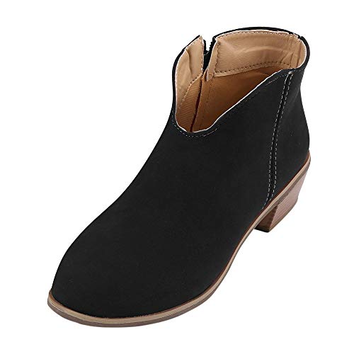 Botines Mujer Tacon Ancho Ante Cuero Tobillo Botas Piel Ankle Boots Retro con Cremallera Zapatos de Punta Redonda Moda Comodos Otoño Invierno Botas Cortas riou