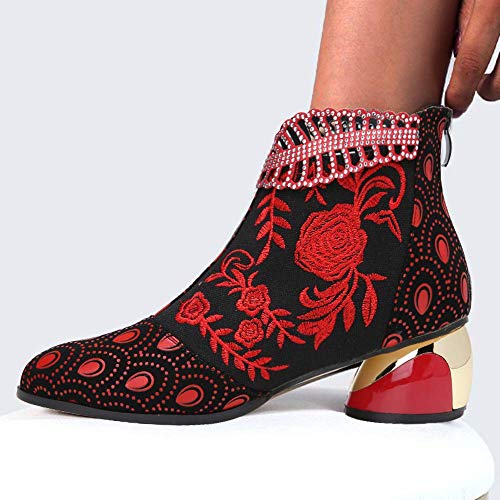Botines para Mujer con tacón Grueso, Flores Bordadas, Botas de Cuero, Zapatos de Invierno, al Aire Libre, Antideslizantes, con Cremallera Lateral, Botas para Caminar para la Fiesta de Bodas