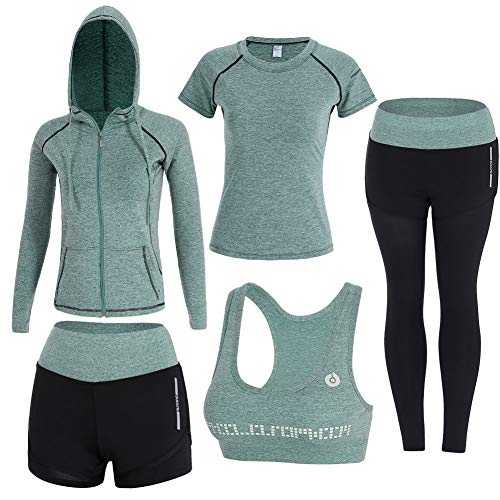 BOTRE 5 Piezas Conjuntos Deportivos para Mujer Chándales Ropa de Correr Yoga Fitness Tenis Suave Transpirable Cómodo (Verde, S)