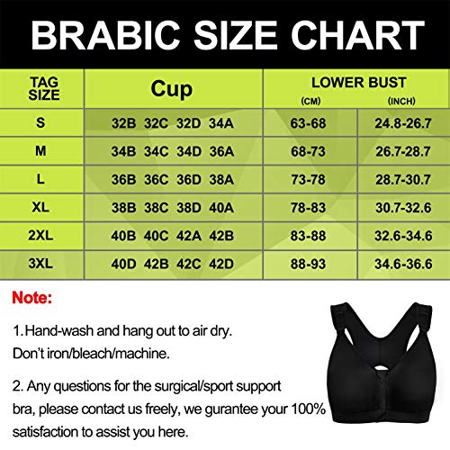 BRABIC Sujetador Deportivo postquirúrgico con Cierre Frontal y Correas Ajustables sin Aros - Negro - 90D/95B/C/D/3XL