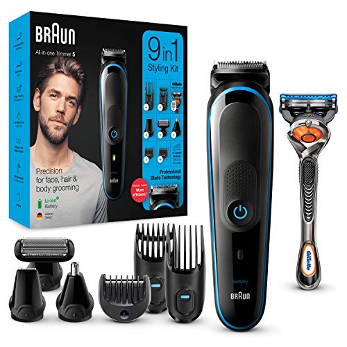 Braun MGK5280 9 en 1 - Máquina recortadora de barba, set de depilación corporal y cortapelos para hombre, color negro/azul, Maquina cortar pelo