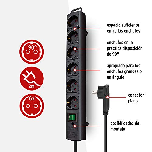 Brennenstuhl Comfort Line regleta de enchufes con 6 tomas de corriente para montaje (cable de 2 m, interruptor iluminado, montable, enchufe plano) negro