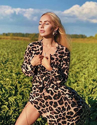BUOYDM Mujer Elegantes Vestido de Fiesta Cuello V Leopardo Estampado Vestido Casual Manga Larga Irregular de Noche Cóctel Playa Marrón M