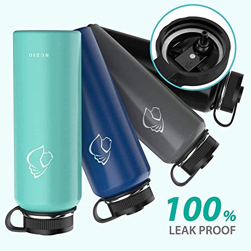 BUZIO Botella de Agua de Acero Inoxidable con Aislamiento al vacío (frío Durante 48 Horas/Caliente Durante 24 Horas), 1 litro Boca Ancha de Pared Bebida Deportiva Frasco sin BPA y Tapa Flexible