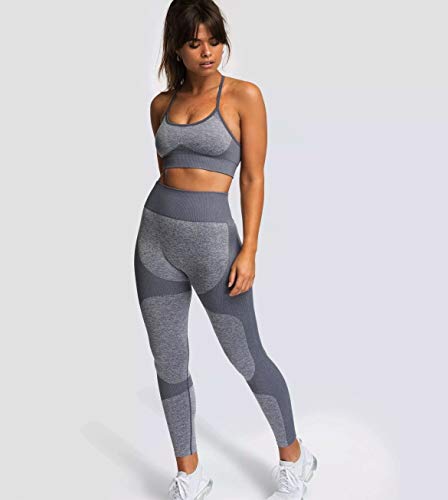 C K CrisKat Conjunto Deportivo Femenino Sujetador y Pantalones de Yoga Traje Deportivo Conjunto de Leggings y Sujetador Deportivo Conjunto de Yoga Sólido sin Costuras para Fitness (L, Gris)