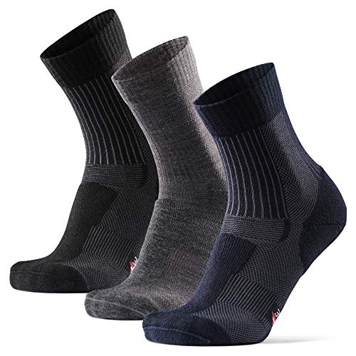 Calcetines Ligeros de Marcha y Senderismo de Lana Merina, para Hombre y Mujer, Térmicos, Transpirables, Acolchados y Anti-rozaduras, Pack de 3 (Multicolor (1x Azul Oscuro, 1x Gris, 1x Negro), 43-47)