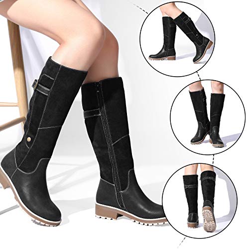 Camfosy Botas para Mujer Botas de Invierno hasta la Rodilla Botas Altas con Forro de Piel Zapatos cálidos de tacón bajo Botas largas para la Nieve Calzado Informal Retro Negro Marrón Gris Black