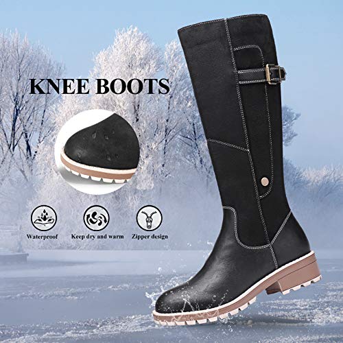 Camfosy Botas para Mujer Botas de Invierno hasta la Rodilla Botas Altas con Forro de Piel Zapatos cálidos de tacón bajo Botas largas para la Nieve Calzado Informal Retro Negro Marrón Gris Black