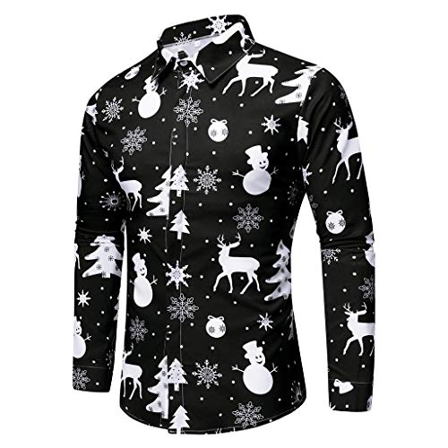 Camisa Navidad Liquidación Camisas Hombre de Manga Larga Casual Shirts Moda Ropa Hombres Corte Slim Camisa de Solapa Printed Blusa Impresión Tops Yvelands(Negro,XXXL)