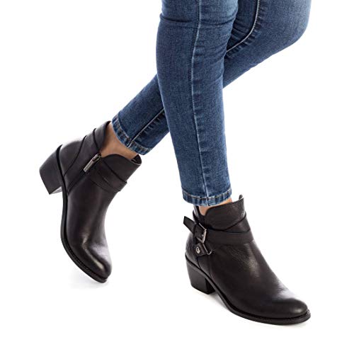 CARMELA - Botín Campera de Piel con Tacón Bajo para Mujer - Cierre con Cremallera - Color Negro