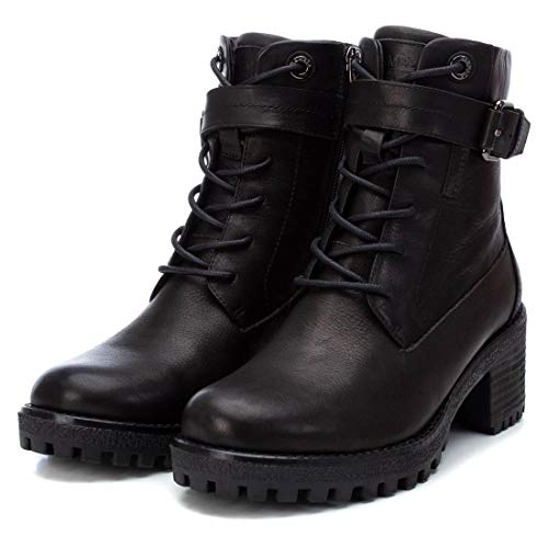 CARMELA - Botín Militar de Piel con Tacón Bajo para Mujer - Cierre con Cremallera - Color Negro