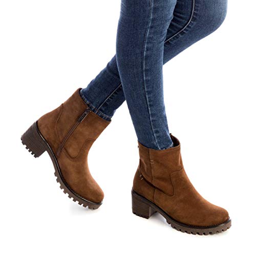 CARMELA - Botín Motera de Piel con Tacón Bajo para Mujer - Cierre con Cremallera - Color Marrón