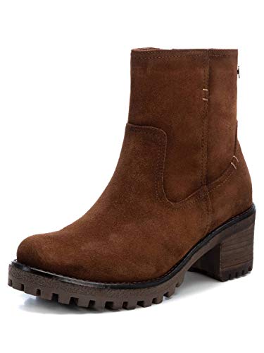 CARMELA - Botín Motera de Piel con Tacón Bajo para Mujer - Cierre con Cremallera - Color Marrón