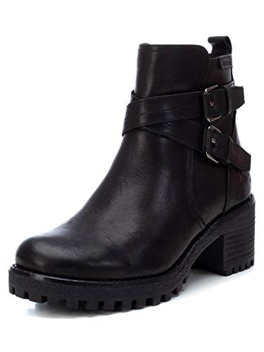 CARMELA - Botín Motera de Piel con Tacón Bajo para Mujer - Cierre con Cremallera - Color Negro