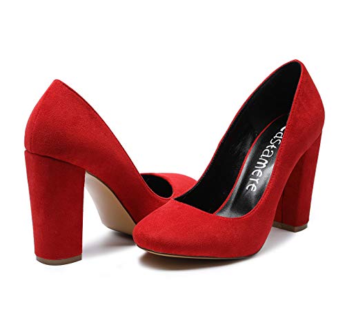 CASTAMERE Mujer Clásico Tacón Ancho Zapatos de Tacón Confort Punta Redonda Zapatos Mujer Sexy Boda Vestido Partido Oficina Tacones Altos 10cm Terciopelo Rojo EU 43.5