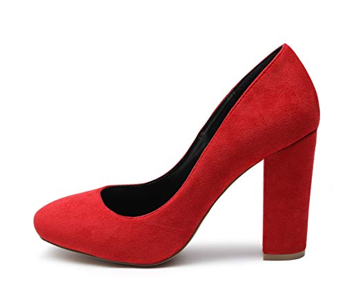 CASTAMERE Mujer Clásico Tacón Ancho Zapatos de Tacón Confort Punta Redonda Zapatos Mujer Sexy Boda Vestido Partido Oficina Tacones Altos 10cm Terciopelo Rojo EU 43.5