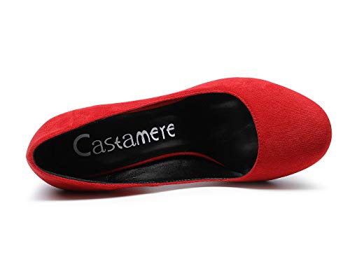 CASTAMERE Mujer Clásico Tacón Ancho Zapatos de Tacón Confort Punta Redonda Zapatos Mujer Sexy Boda Vestido Partido Oficina Tacones Altos 10cm Terciopelo Rojo EU 43.5