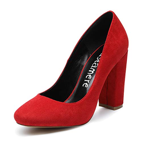 CASTAMERE Mujer Clásico Tacón Ancho Zapatos de Tacón Confort Punta Redonda Zapatos Mujer Sexy Boda Vestido Partido Oficina Tacones Altos 10cm Terciopelo Rojo EU 43.5