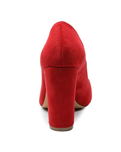 CASTAMERE Mujer Clásico Tacón Ancho Zapatos de Tacón Confort Punta Redonda Zapatos Mujer Sexy Boda Vestido Partido Oficina Tacones Altos 10cm Terciopelo Rojo EU 43.5