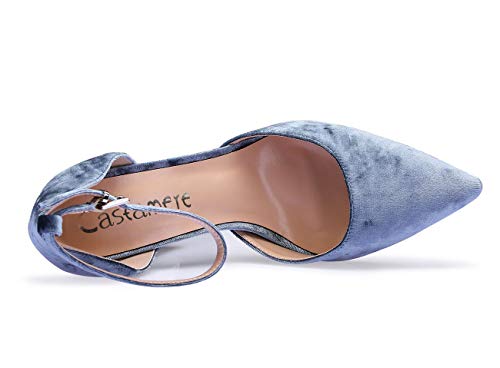 CASTAMERE Mujer Correa de Tobillo Sandalias Ancho Tacón Puntiagudas Zapatos de Tacón 10CM Azul Terciopelo Zapatos EU 40