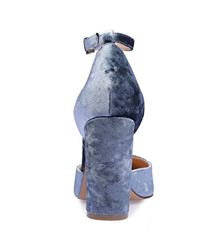 CASTAMERE Mujer Correa de Tobillo Sandalias Ancho Tacón Puntiagudas Zapatos de Tacón 10CM Azul Terciopelo Zapatos EU 40