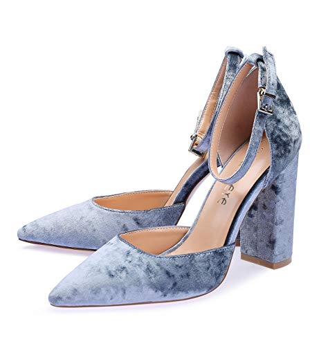 CASTAMERE Mujer Correa de Tobillo Sandalias Ancho Tacón Puntiagudas Zapatos de Tacón 10CM Azul Terciopelo Zapatos EU 40