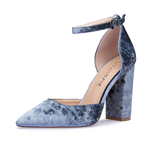 CASTAMERE Mujer Correa de Tobillo Sandalias Ancho Tacón Puntiagudas Zapatos de Tacón 10CM Azul Terciopelo Zapatos EU 40