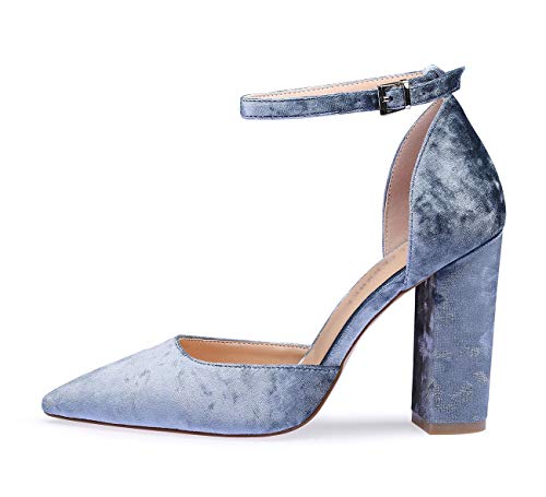 CASTAMERE Mujer Correa de Tobillo Sandalias Ancho Tacón Puntiagudas Zapatos de Tacón 10CM Azul Terciopelo Zapatos EU 40