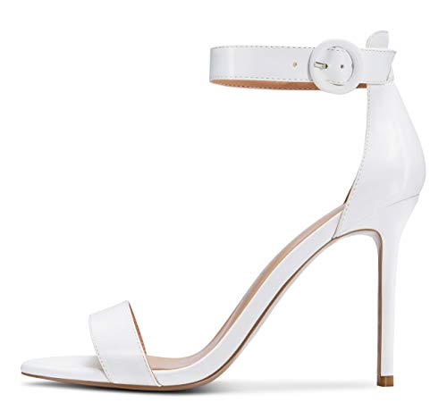 CASTAMERE Zapatos de Tacón Mujer Punta Abierta Sandalias Tira de Tobillo Tacón de Aguja 10CM Blanco Satín Zapatos EU 38.5