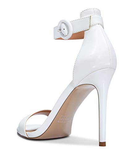 CASTAMERE Zapatos de Tacón Mujer Punta Abierta Sandalias Tira de Tobillo Tacón de Aguja 10CM Blanco Satín Zapatos EU 38.5