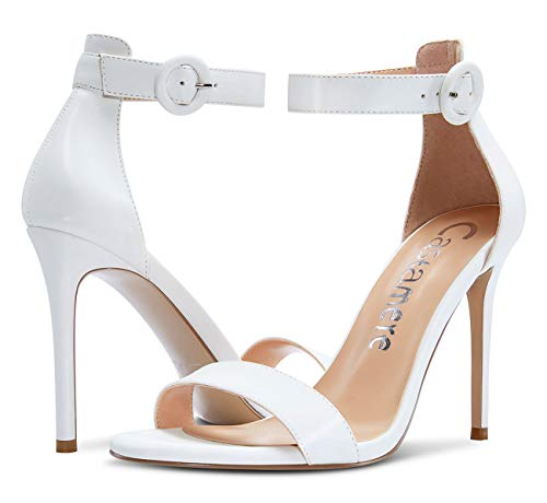CASTAMERE Zapatos de Tacón Mujer Punta Abierta Sandalias Tira de Tobillo Tacón de Aguja 10CM Blanco Satín Zapatos EU 38.5